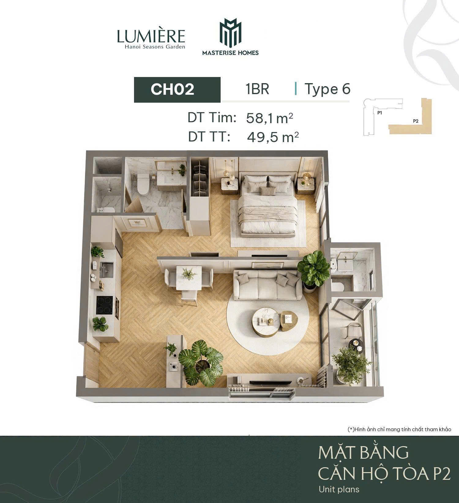 Thiết kế căn 1 ngủ Lumiere Hà Nội Seasons Garden Nguyễn Trãi - Masterise Homes Cao Xà Lá