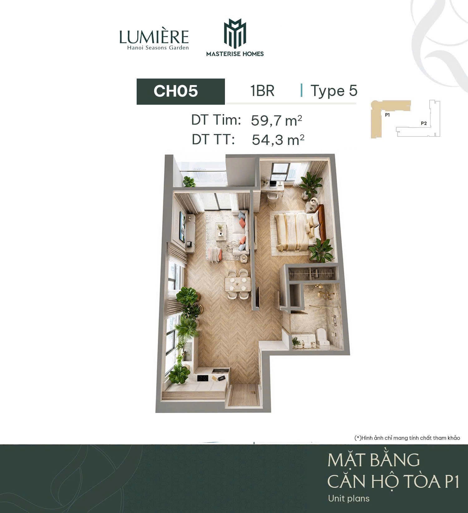 Thiết kế căn 1 ngủ Lumiere Hà Nội Seasons Garden Nguyễn Trãi -Masterise Homes Cao Xà Lá