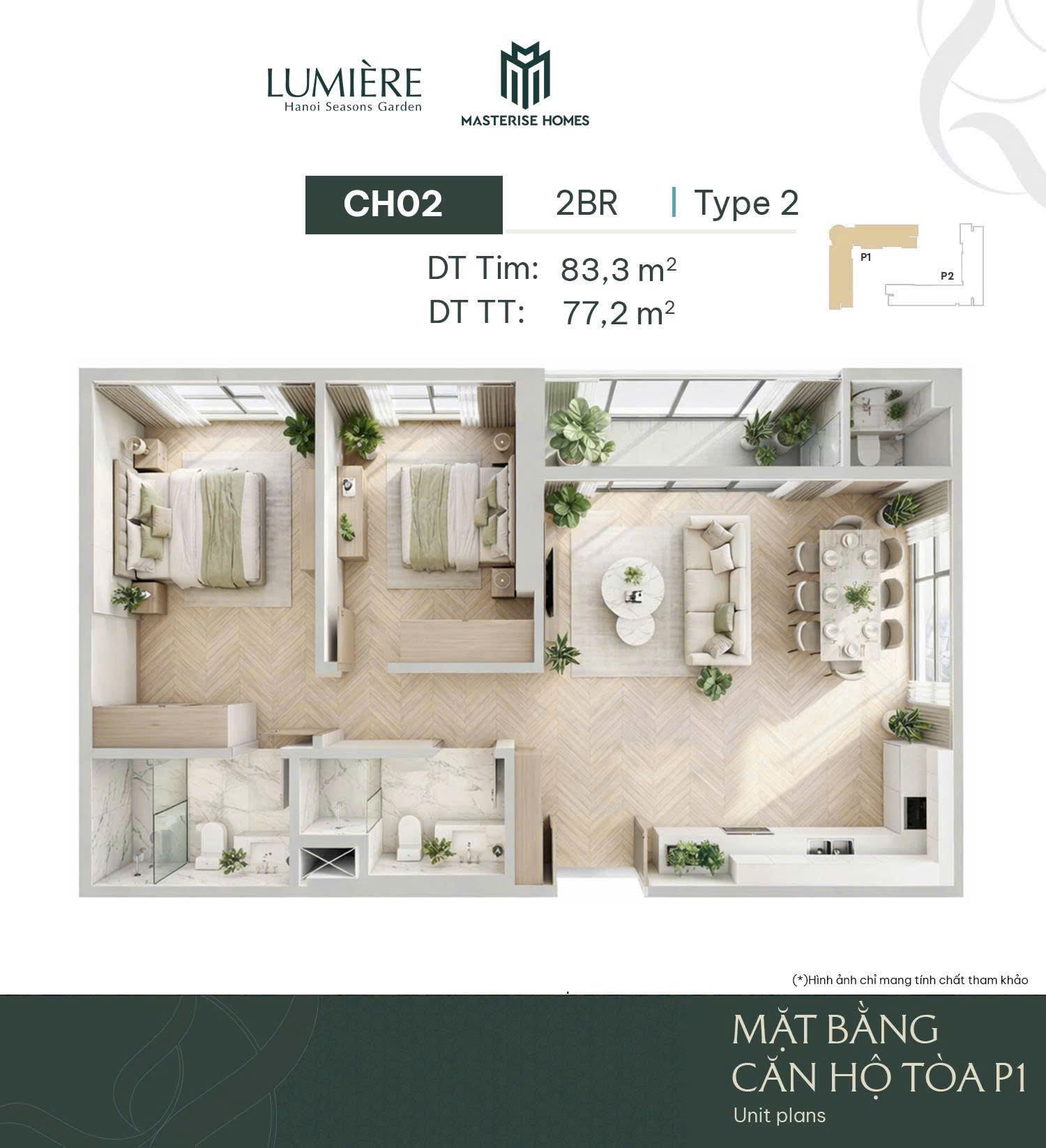 Thiết kế căn 2 ngủ Lumiere Hà Nội Seasons Garden Nguyễn Trãi - Masterise Homes Cao Xà Lá