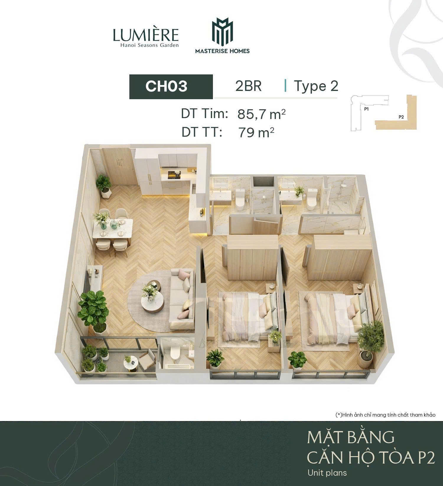 Thiết kế căn 2 ngủ Lumiere Hà Nội Seasons Garden Nguyễn Trãi - Masterise Homes Cao Xà Lá