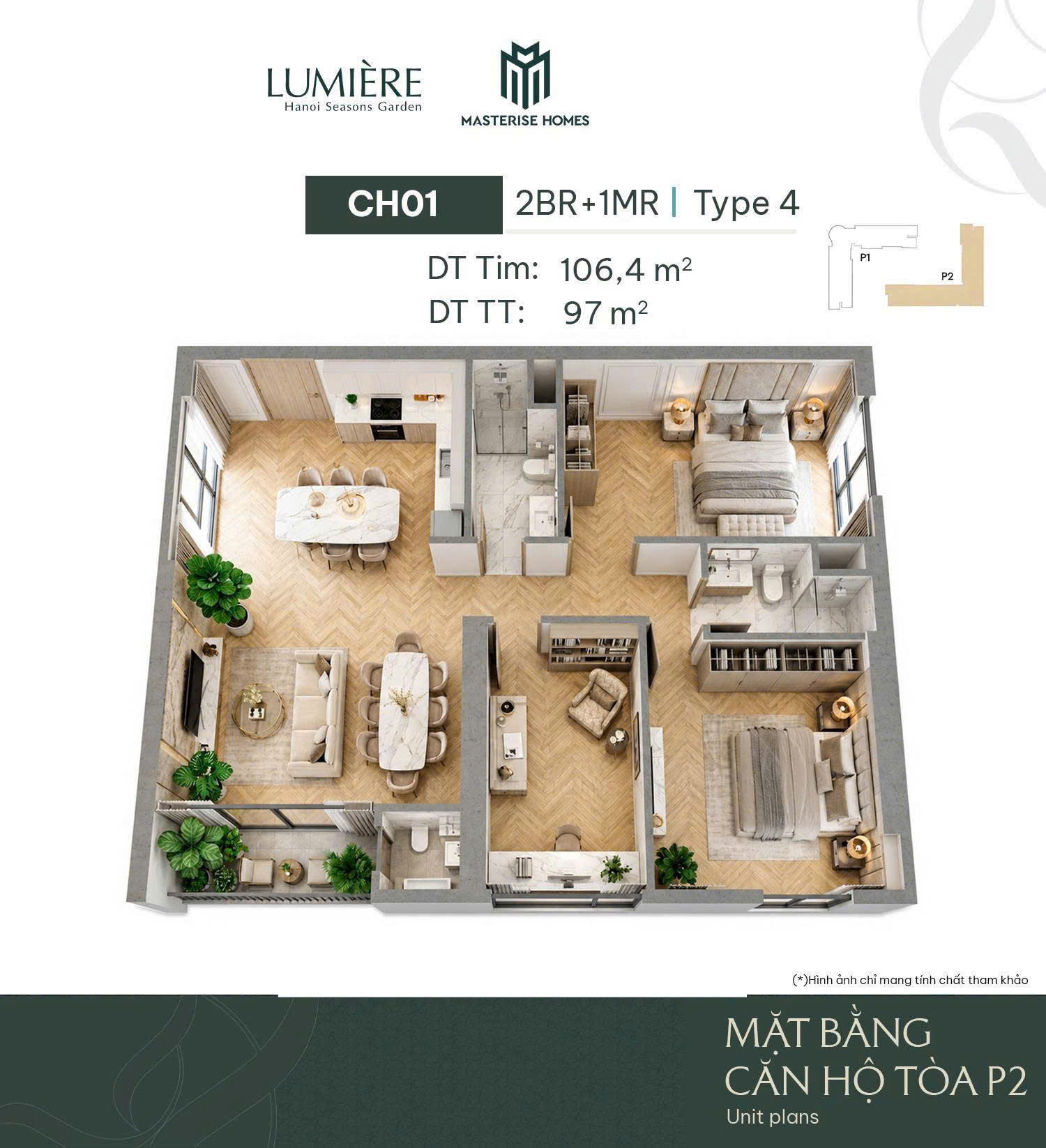 Thiết kế căn 2 ngủ +1 MR Lumiere Hà Nội Seasons Garden Nguyễn Trãi - Masterise Homes Cao Xà Lá