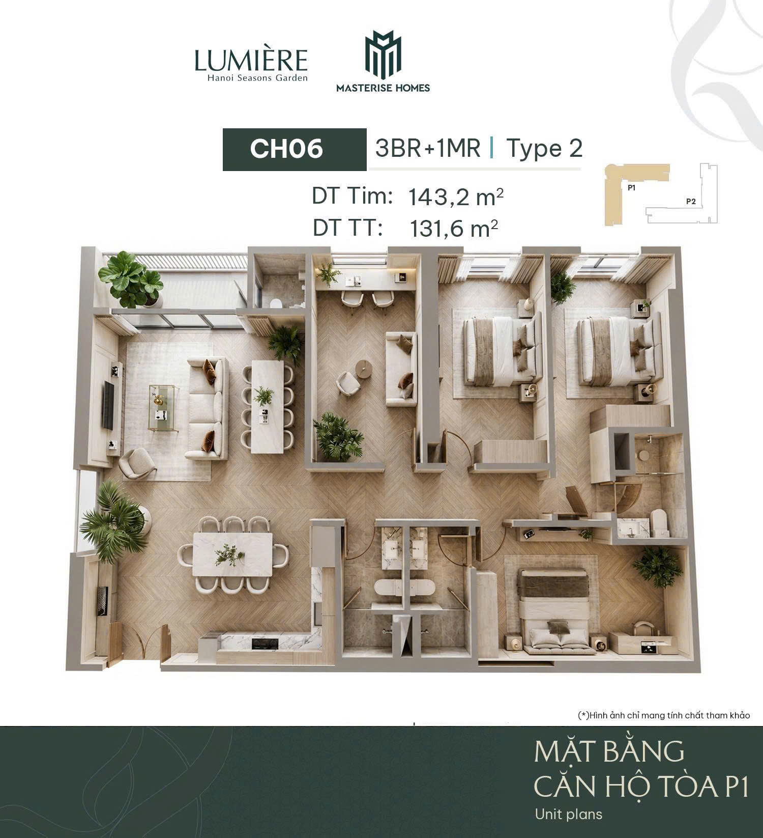 Thiết kế căn 3 ngủ +1MR Lumiere Hà Nội Seasons Garden Nguyễn Trãi - Masterise Homes Cao Xà Lá